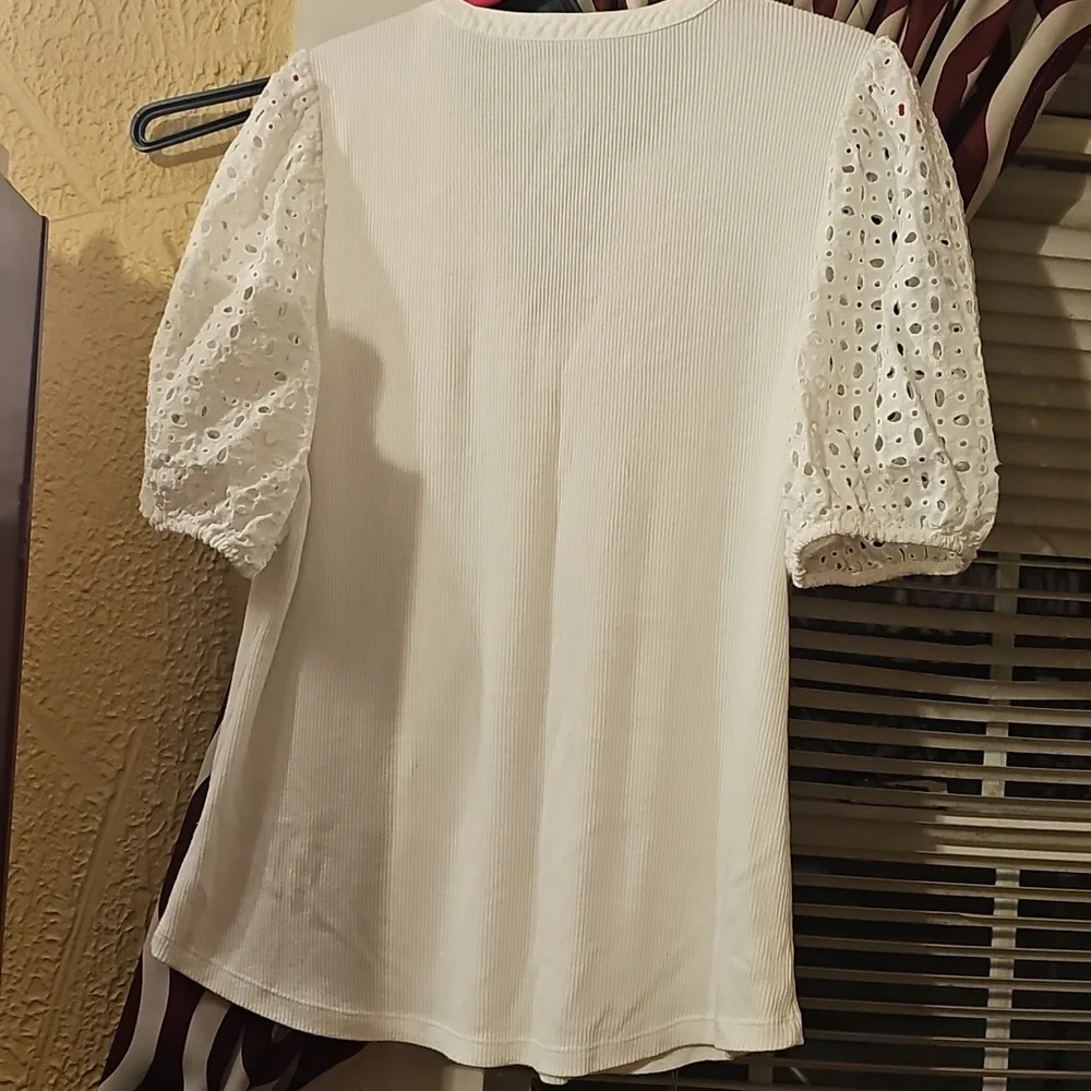 Nine West White Puff Sleeve Ruffled Blouse - Picture 8 of 8